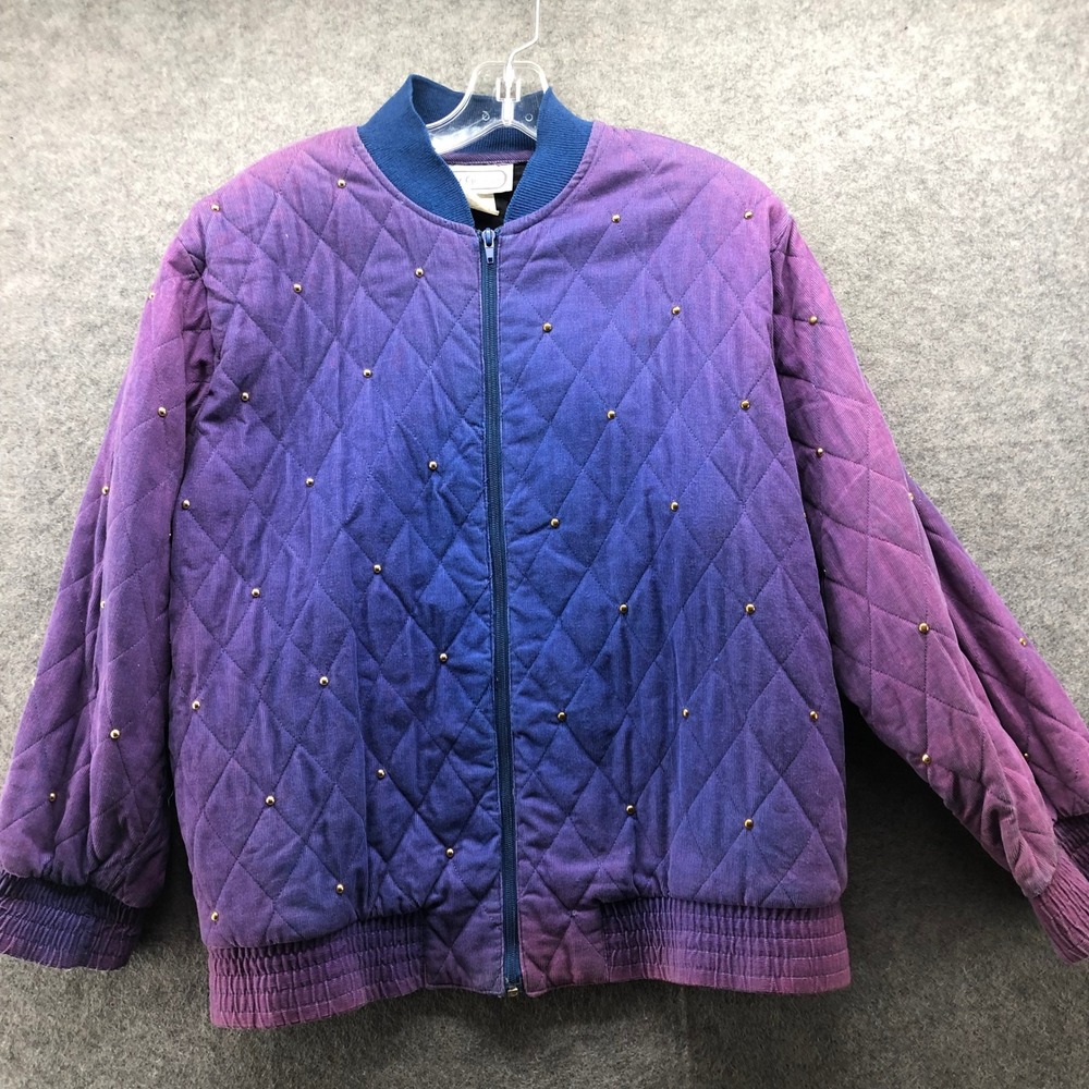 VTG 80s Saint Germain Paris Quilted Ombre Studded Bomber Jacket Womens S Purple